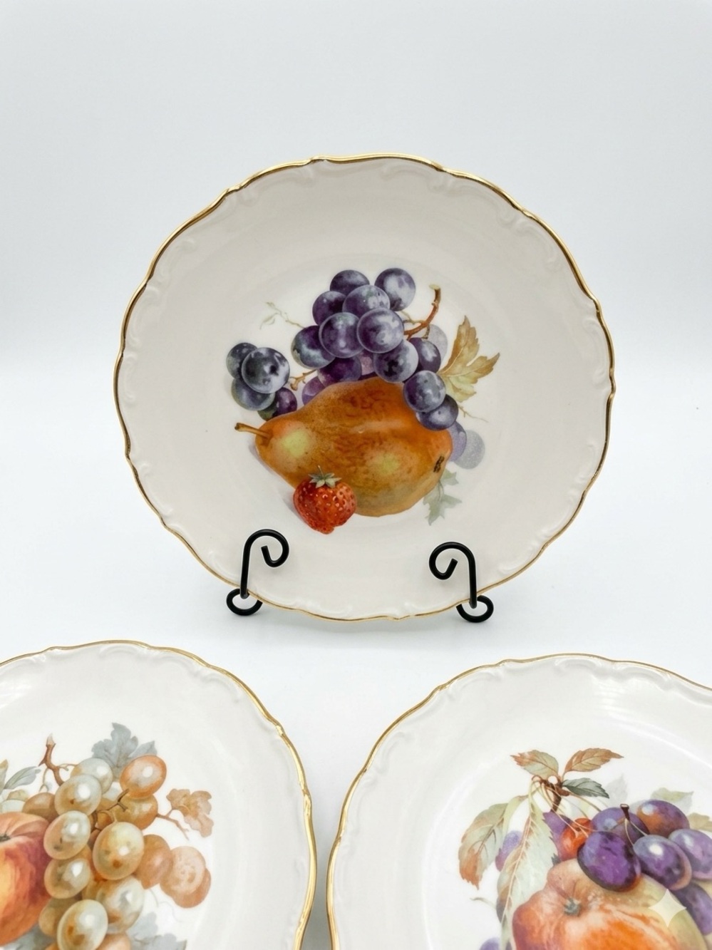 Vintage Bavaria Schumann Plates - White with Gold Trim and Fruit Motifs.